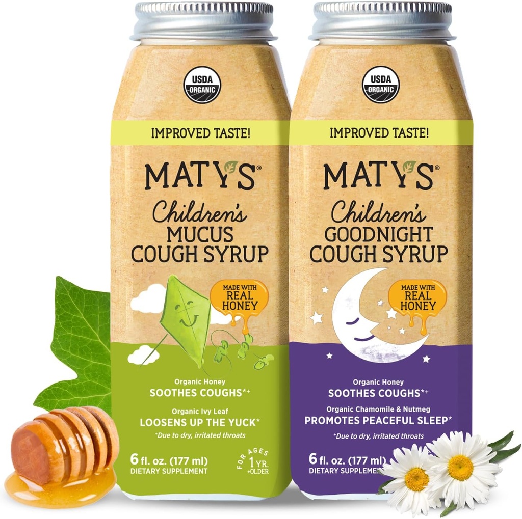 Matys Organic Kids Cough Syrup Mucus & Nighttime Value Pack for Children 1 Year + Up, Soothing All-in-One Cough and Mucus Relief w/Zinc " Organic Ivy Leaf, Melatonin " Dye Free, 2 Pack, 6 Fl Oz