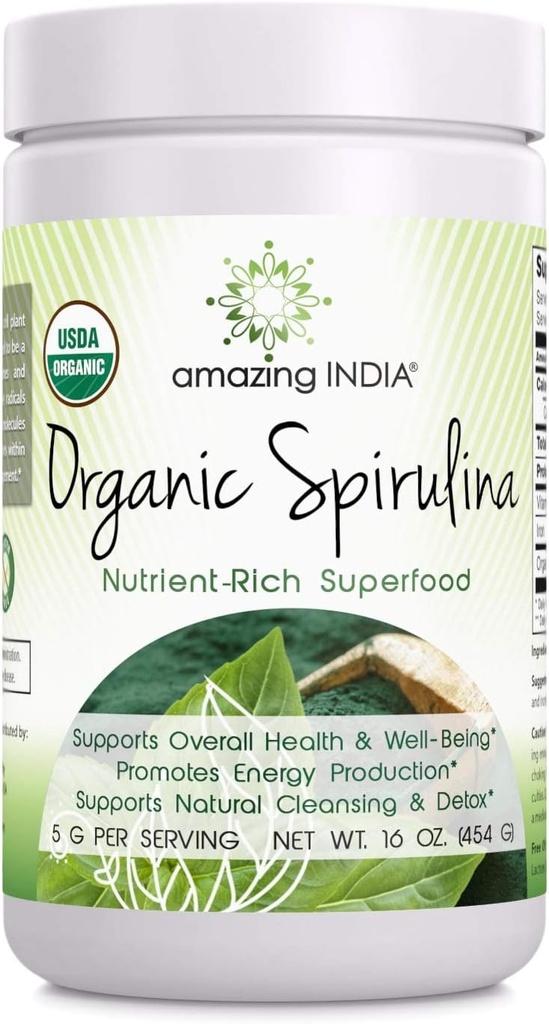 Amazing India Organic Spirulina Powder (Non-GMO) 16 oz (454 gm) - Supports Cell Regeneration, Immune Health, Detoxification & Overall Health*