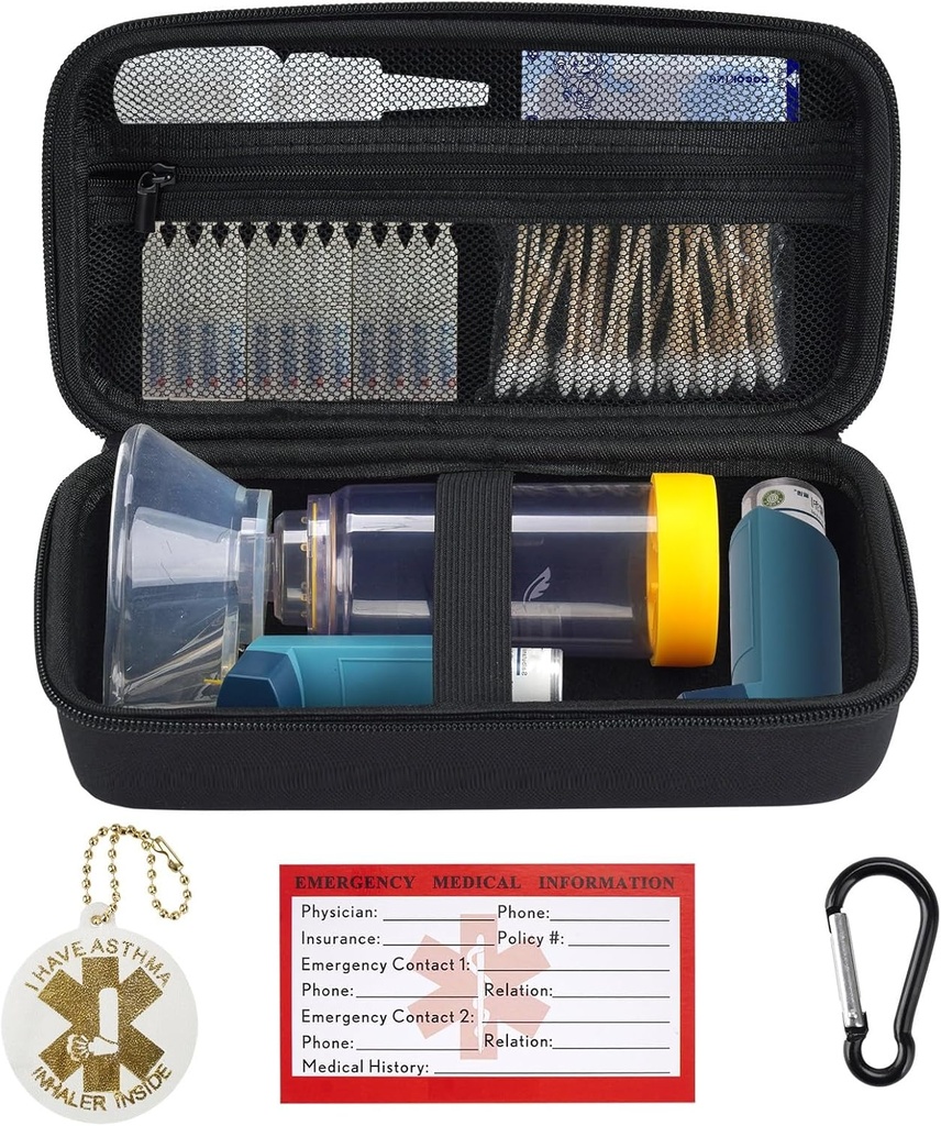 YouKnow Travel Carrying Case for Asthma Inhaler, Inhaler Spacer for Adults and Children, Mask, Inhaler Holder with Asthma Alert Label and Medical Card, with Carabiner (Case Only) (Black)