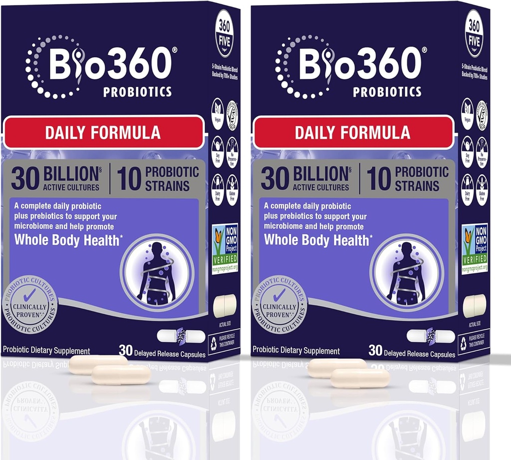Bio360 Adult Daily Probiotic Supplement for Women & Men, 30 Billion CFU, 10 Strains, Organic Prebiotic Fibers, Digestive & Immune Health, Occasional Constipation, Diarrhea & Bloating, 30CT (2 Pack)