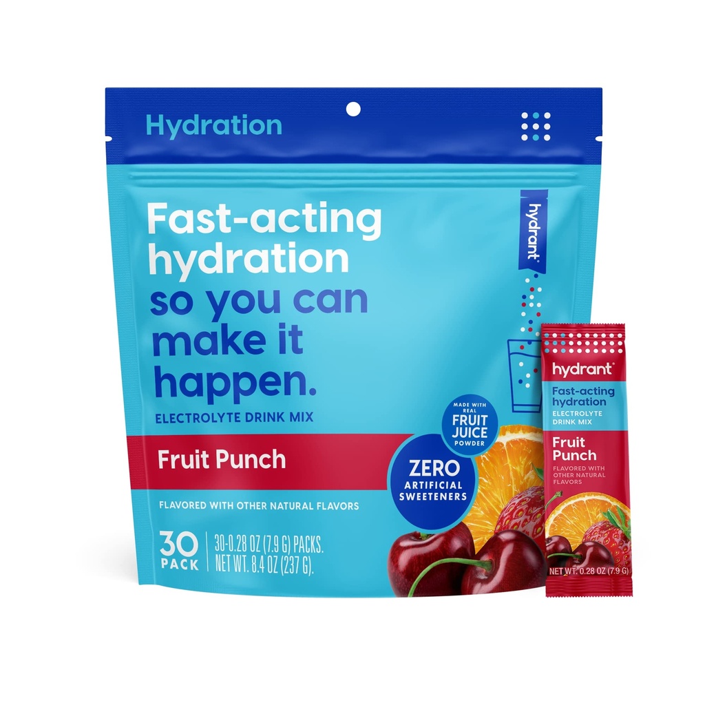 HYDRANT - Hydration Powder, Fruit Punch Flavor, 30 paquetes de rehidratación de electrolitos instantáneo individual - Mezcla de bajo azúcar para uso diario, viajes &amp; ejercicios
