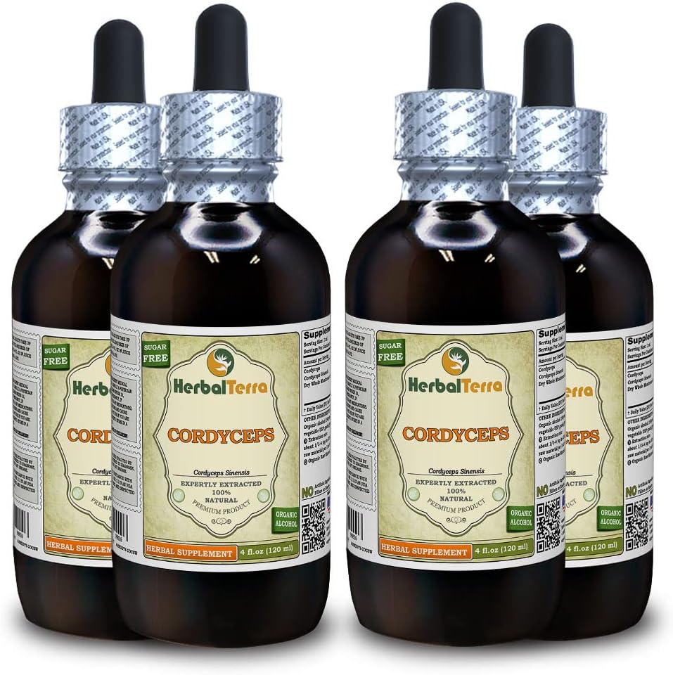 Cordyceps (Cordyceps Sinensis) Tincture, Organic Dried Mushroom Powder Liquid Extract (Brand Name: HerbalTerra, Proudly Made in USA) 4x4 fl.oz (4x120 ml)