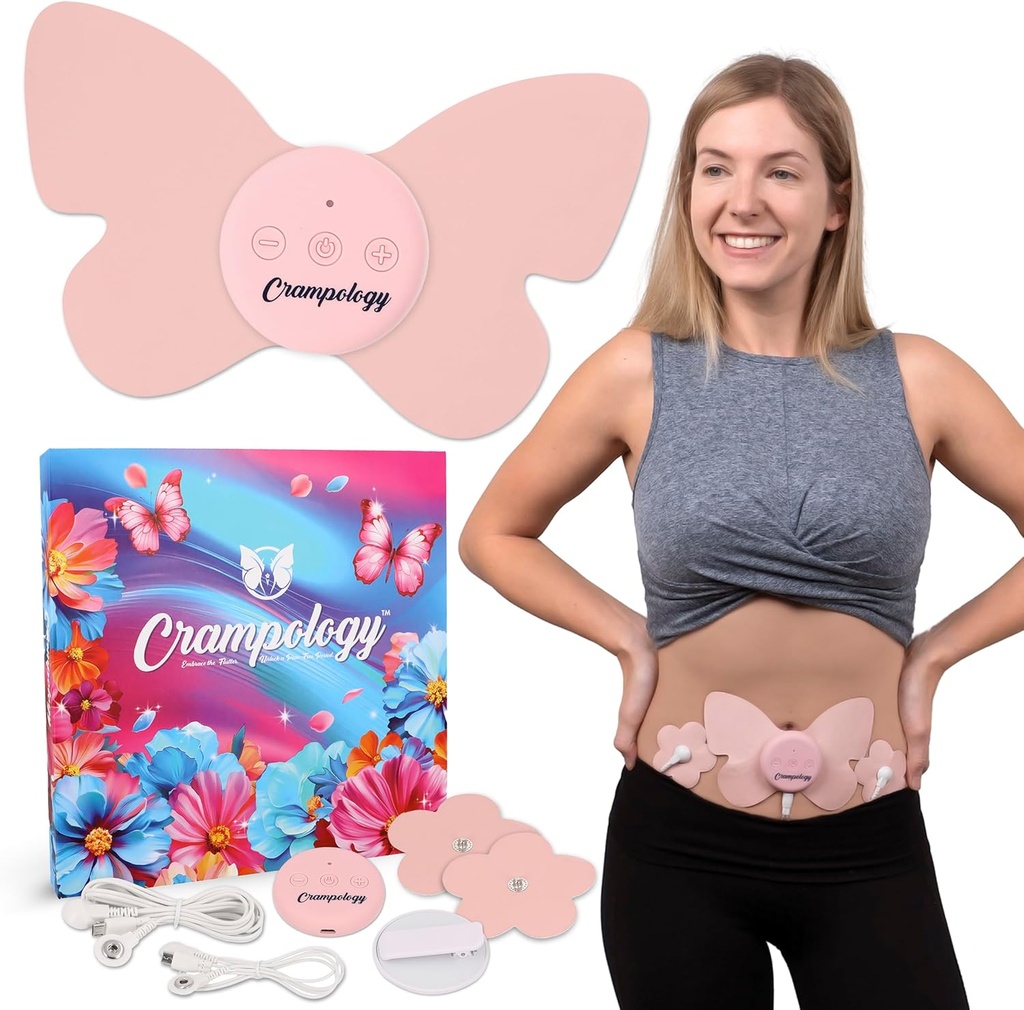 Alivio de calambres rosa-períodos Dispositivo de alivio de dolor, Masajeador de cáñamo para dolor menstrual y de espalda baja, reduce el malestar de endometriosis, unidad de pMS TENS, inalámbrico o cable, soporte natural del ciclo