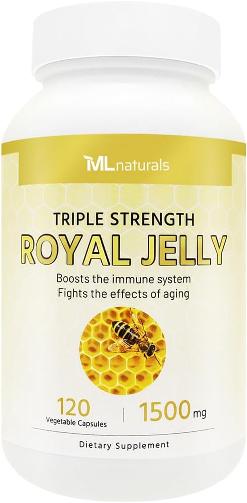 ML Naturals Royal Jelly 1500mg 120 Vegetable Capsules, Equivalent with 6% (27mg) 10-HDA. Freeze-Dried, Gluten Free, NSF-Certified & cGMP-Compliant
