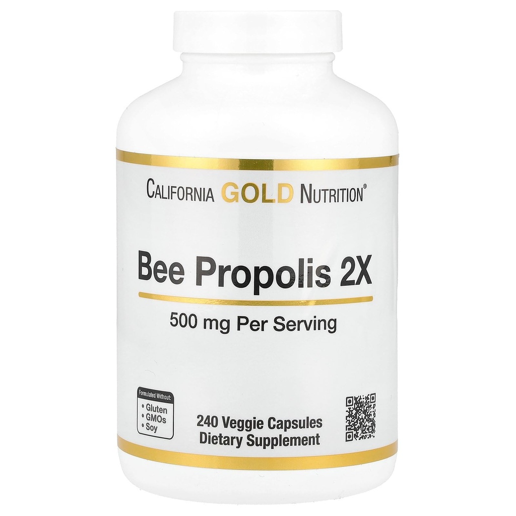 California Gold Nutrition Bee Propolis 2X Potency, Concentrated Extract 500 mg, Equivalente a 1000 mg de Propolis Natural, Support Immune Health & Vitality*, 240 Veggie Capsules