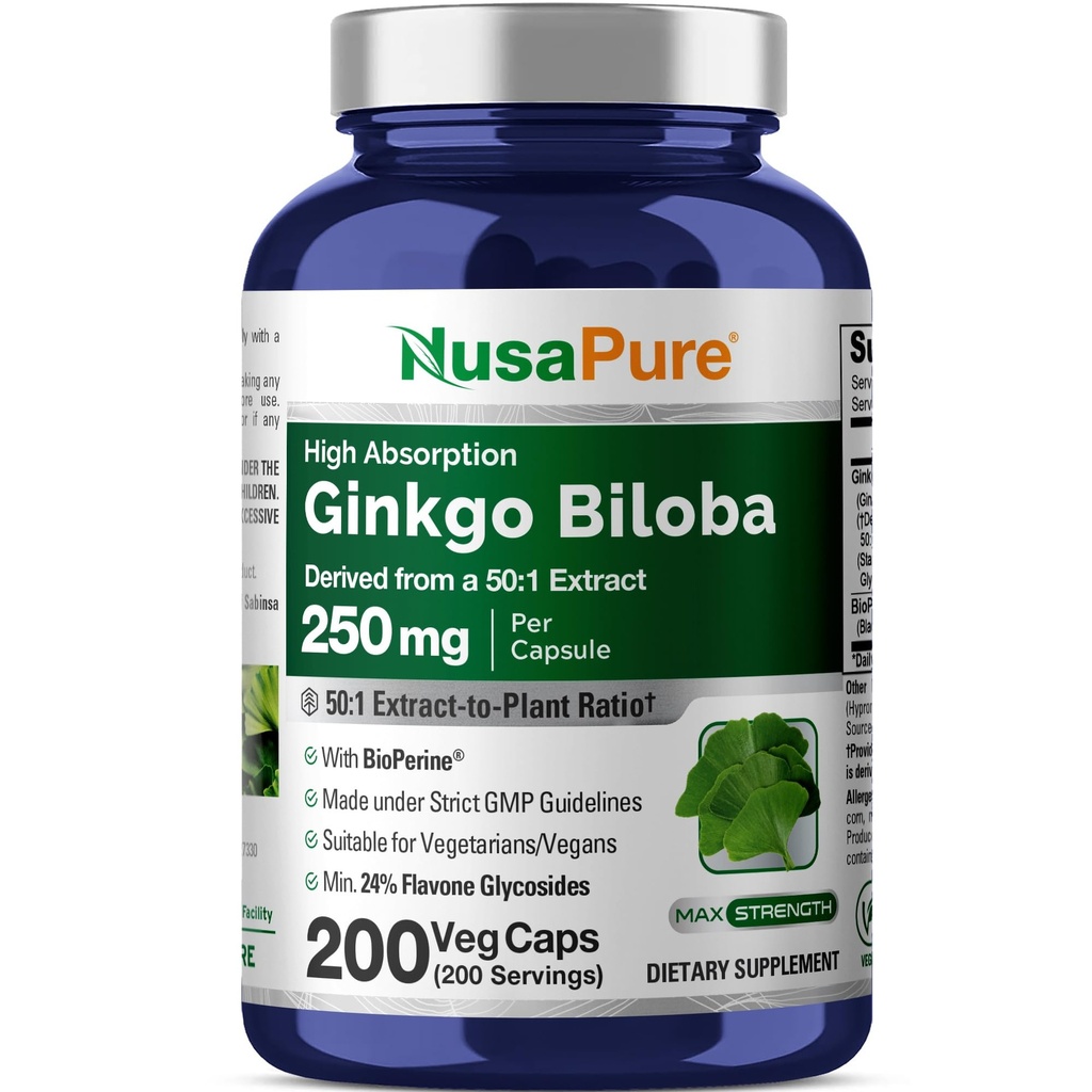 NusaPure Ginkgo Biloba 50:1 Extracto, 250 mg Equivalente a 12.500 mg por Veggie Caps 200 Caps (Vegetariano, No GMO, Vegan) Bioperina