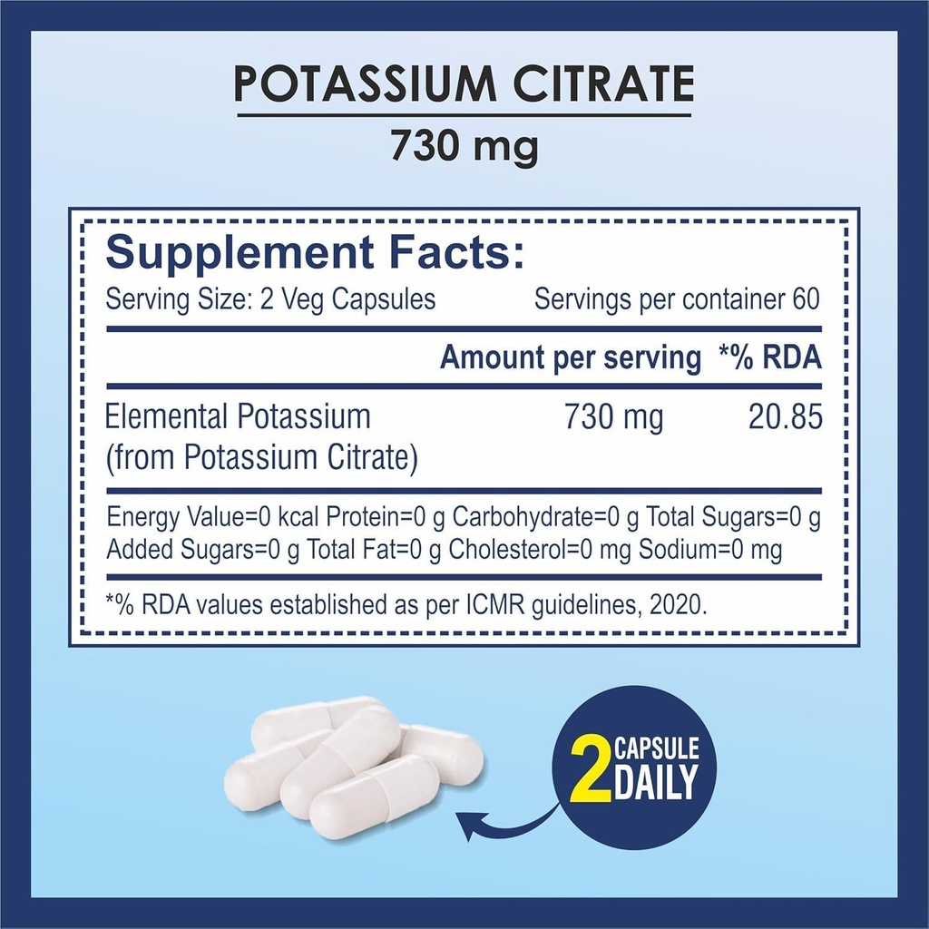 Citrato de potasio 730mg Suplemento, soporta función de riñón &amp; músculo sano - 120 cápsulas vegetales