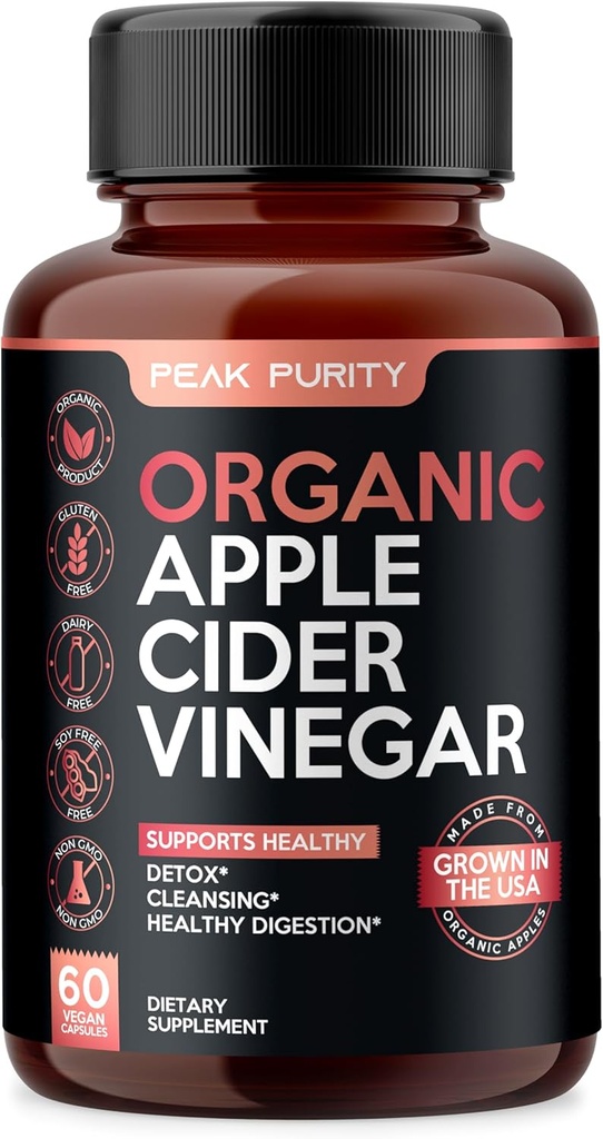 100% Organic Raw Apple Cider Vinegar Capsules - Natural Detox Gut Cleanse & Healthy Digestion - Tasteless & Easy to Swallow - Extra Strength ACV Pills - 1000 mg