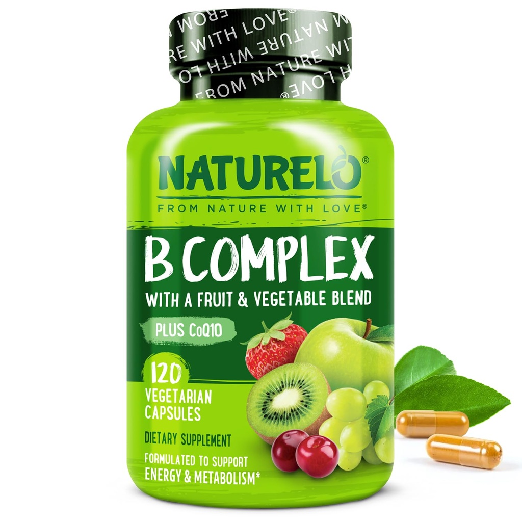 NATURELO Vitamin B Complex,120 Capsules, Vegan, CoQ10, Methyl Folate, Biotin, Fruit & Veg Blend, Supports Energy and Healthy Stress Response, Super B Complex Vitamins for Women and Men