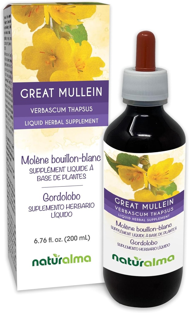 Naturalma Great Mullein or Common Mullein (Verbascum thapsus) Flower and Leaf Alcohol-Free Tincture - 6.76 fl oz Liquid Extract in Drops - Herbal Supplement - Vegan