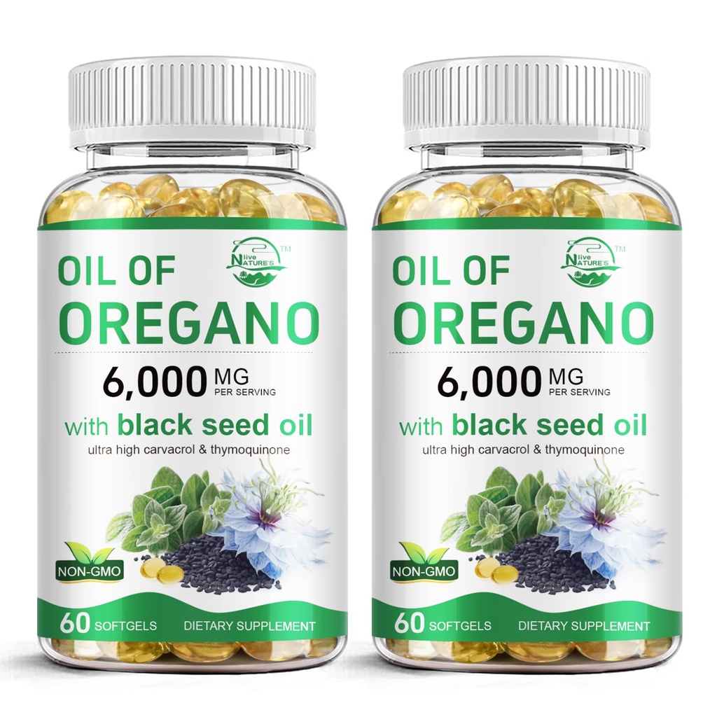 Óleo vivo de la naturaleza de orégano con aceite de semilla negra, 2 en 1 Suplemento de orégano para la salud inmune, retiene carvacrol concentrado alto " Thymoquinone, Non-GMO, 60 Softgels, 2 Pack