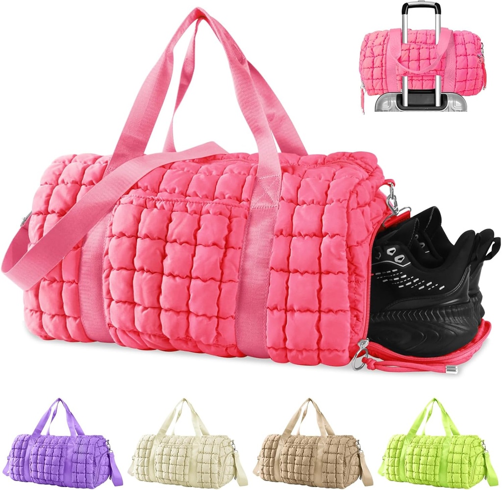 Bolsa de gimnasia cortada para mujeres, bolsa de pañuelo para viajar con zapatos Compartimiento, bolsas de semana de amortiguador durante la noche Carry On Bag with Trolley Sleeve for Airplanes,Personal Item Sports Duffel Dance Bag(Pink)