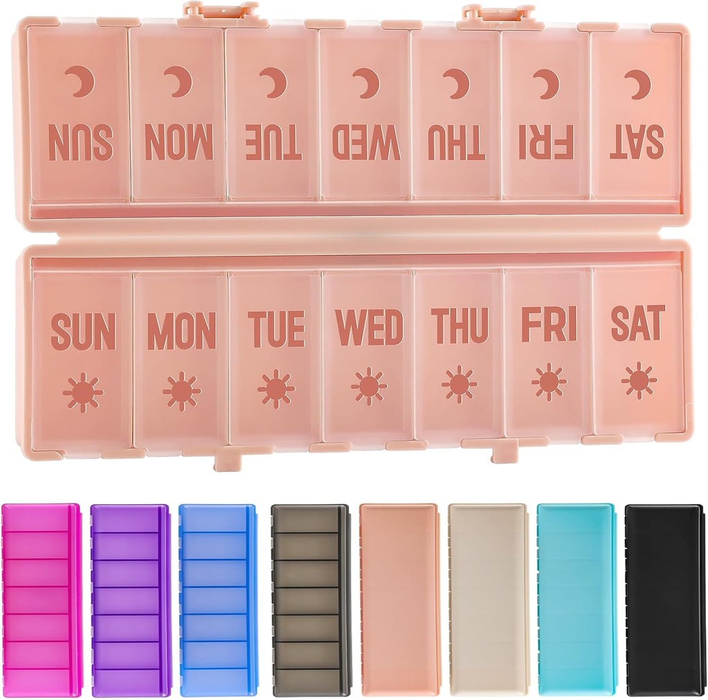 Organizador de píldoras plegable 2 veces al día w / Etched Labels -Protección final &amp; portátil semanal AM caja de píldoras, 7 días Contenedor de medicina, gran caja de píldoras de viaje para semana Suplemento diario Vitamina - Rosa