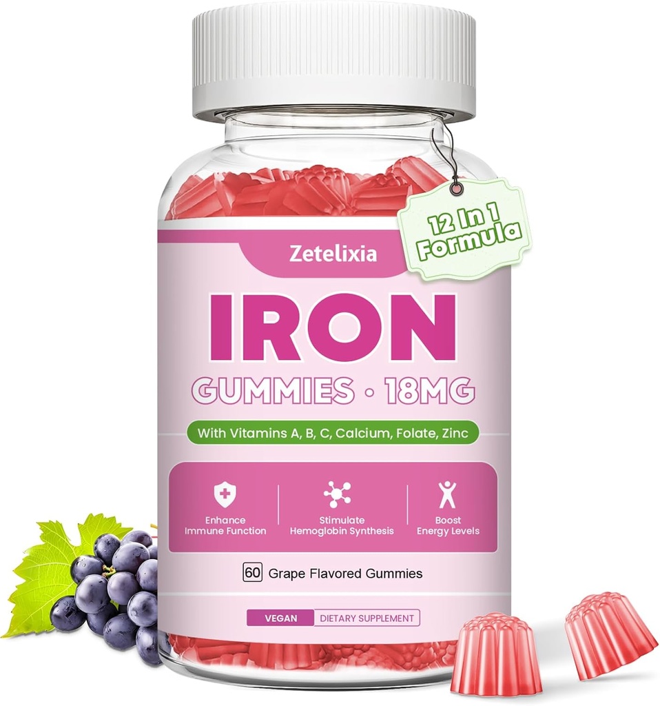 Suplemento de Hierro Vegano Gummies for Women ' Men, Anemia, Blood Builder & Energy Support for Iron Deficiency, con Vitamina C, A, B Complex, Folate, Beet Root, CoQ10, Zinc, Sugar Free, 60 Condes