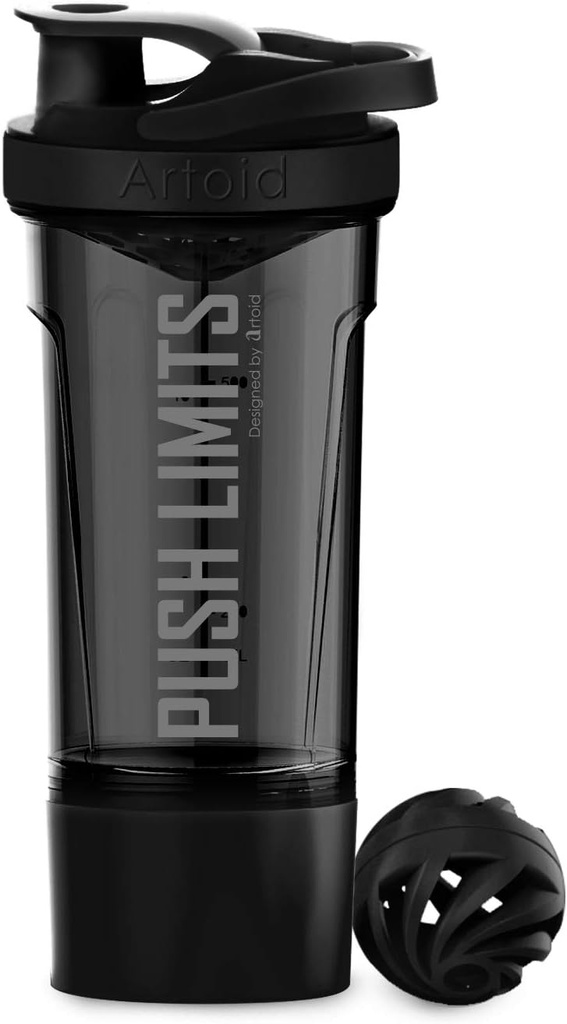 Modo Artoid Fitness Workout Sports Protein Shaker Bottle 24-Once, Dual Mixing Technology with Shaker Balls & Mixing Grids Included, Twist and Lock Protein Box Storage Included