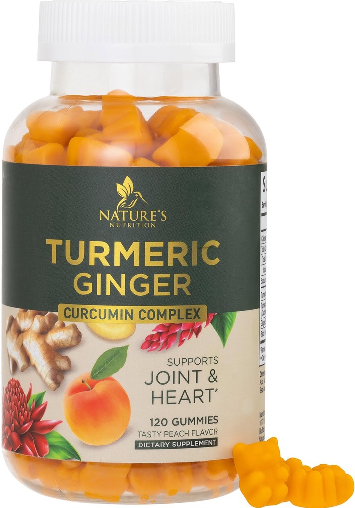 Curcumin Turmeric Suplemento Gummies - 95% Curcuminoides con Turmeric " Ginger, Pepper Negro para la mejor absorción, Apoyo Conjunto Vegano de la Naturaleza, No GMO, Gluten Free, Tasty Peach Flavor - 120 Gummies