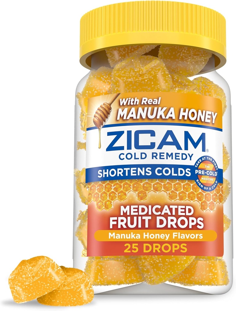 Zicam Cold Remedy Zinc Medicated Fruit Drops, Manuka Honey Flavor, Homeopática, Cold Shortening Medicine, Shortens Cold Duración, 25 Cuenta