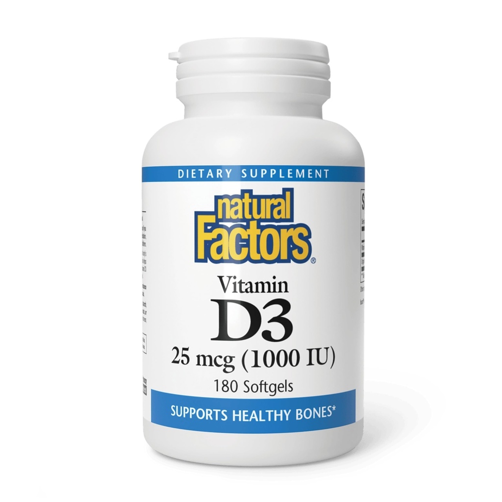 Factores naturales, Vitamina D3 1000 UI (25 mcg), soporta huesos fuertes, músculos y función inmunitaria, 180 tabletas