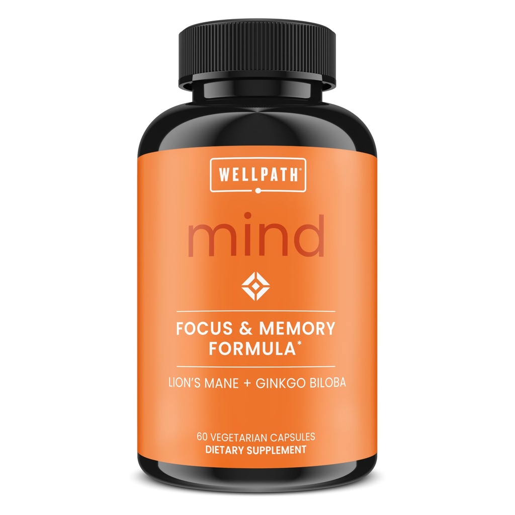WellPath Mind Brain Supplement for Memory and Focus with Lion's Mane ← Ginkgo Biloba y L-Theanine for Long Term Cognitive Support ← Vegan, Non-GMO, 60 Ct