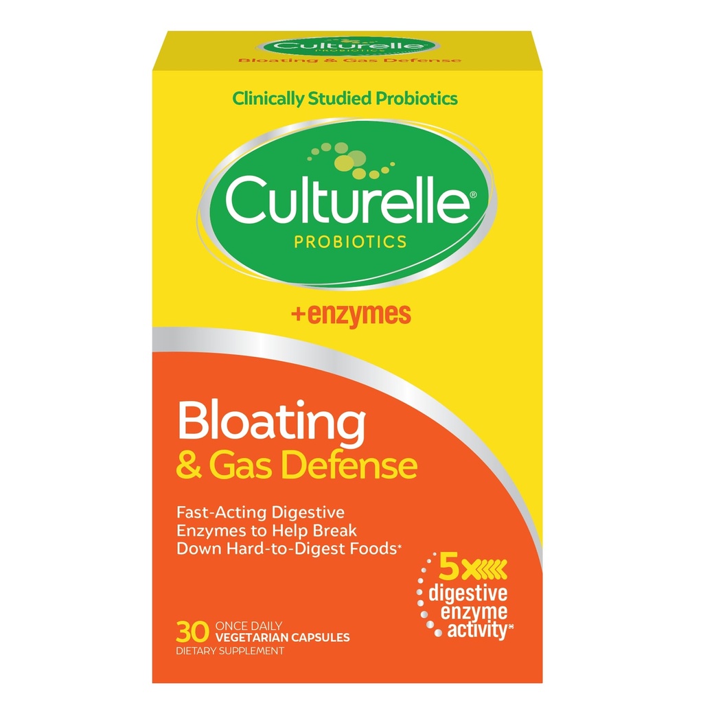 Culturelle Bloating & Gas Defense, Digestive Enzymes & Probiotics for Digestive Health, 30 Capsules, Supports Occasional Indigestion & Discomfort