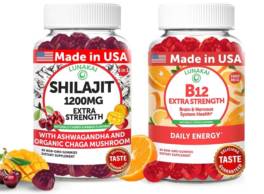 Lunakai USA Made Shilajit &amp; B12 Extra Strength Gummies Bundle – Energy, Focus, and Daily Wellness – Vegan &amp; Delicious