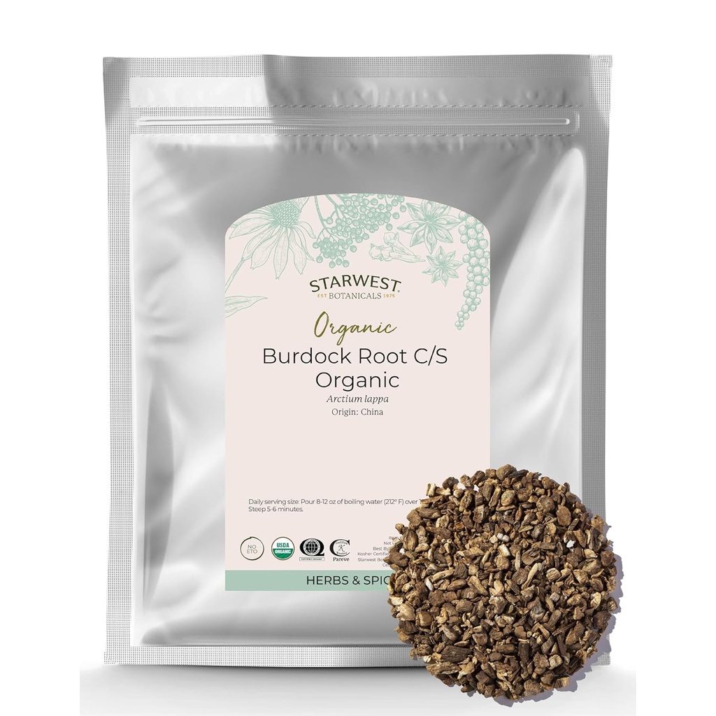 Starwest Botanicals Burdock Root Orgánico - Fuente Natural de Antioxidantes, Herb Loose para Té, Rice, Soup, " Stews, Cut " Sifted, Certified Kosher, Non-GMO - Bulk 1 lb Bag