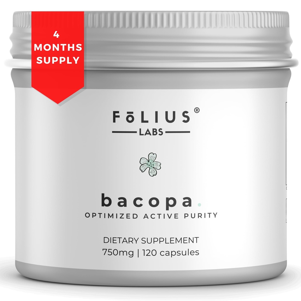 Bacopa Monnieri Capsules 750mg – Suplemento Herbal con 40% Bacosides Bacopa Monnieri - Ayuda a apoyar la memoria y la habilidad cognitiva – 120 cápsulas