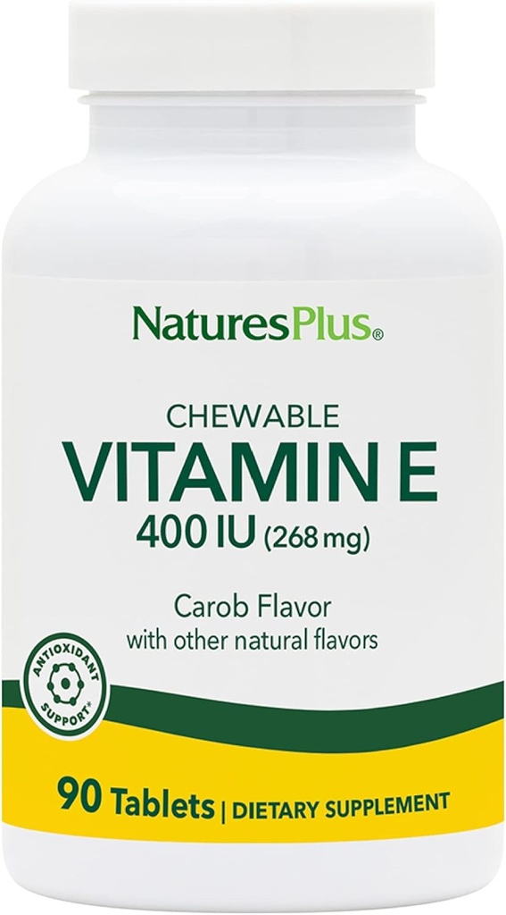 NaturesPlus Vitamin E Chewable - 400 iu, 90 Vegetarian Tablets - Natural Carob Flavor - Healthy Cardiovascular Function, Free-Radical Defense & Overall Wellbeing - Gluten-Free - 90 Servings