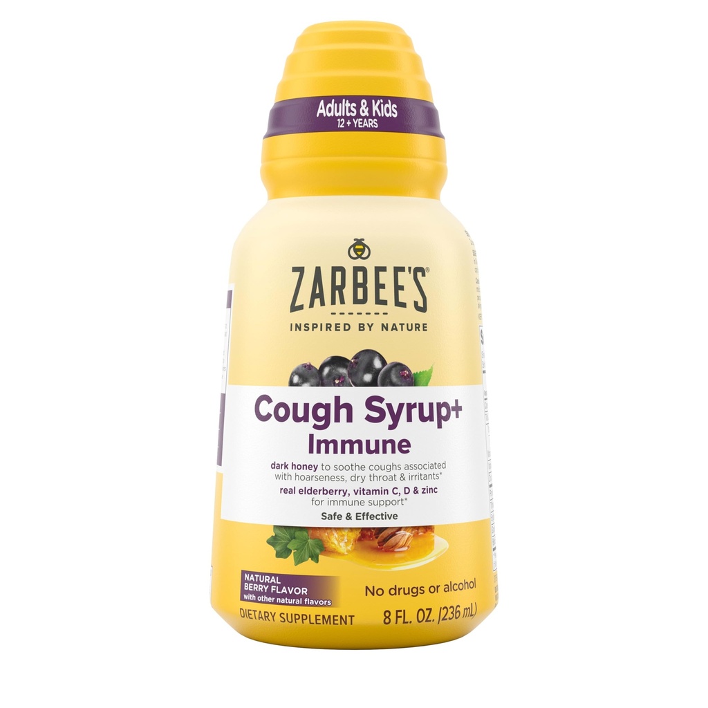 Zarbee's Naturals Full Daytime Cough Syrup + Immune with Dark Honey, Real Elderberry, Vitamin C, D & Zinc, 8 oz Bottle
