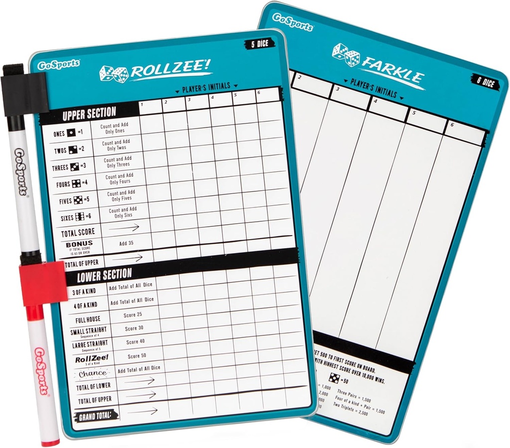 GoSports Dry Erase Rollzee and Farkle Scoreboard - Giant Size with 2 Pens