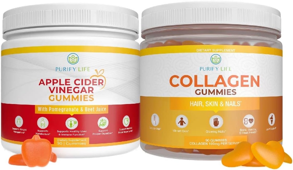 Manzana Vinagre &amp; Colagen Bundle, Gummies for Womens Hair Growth, Healthier Skin & Nails (Bulk 90 Gummies) Joint Care Vitamina, Immune Support, Detox, Metabolismo, Mens Womens Acid Reflux