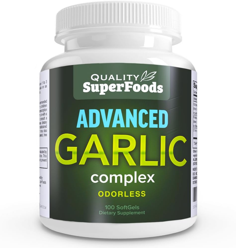 Complejo de ajo avanzado - SuperFoods de calidad (100ct) Complejo de fuerza máxima Contiene una mezcla de ajo sin olor (Allium sativum), Parsley (petroselinum crispum), y Chlorophyll.