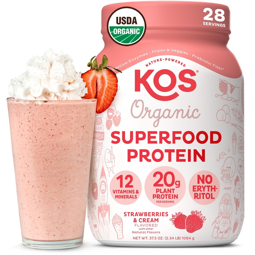 KOS Vegan Protein Powder, Strawberries &amp; Cream USDA Organic - Low Carb Pea Protein Blend, Plant Based Superfood with Vitamins & Minerals, Gluten Free - Meal Replacement for Women &amp; Men - 28 Servings