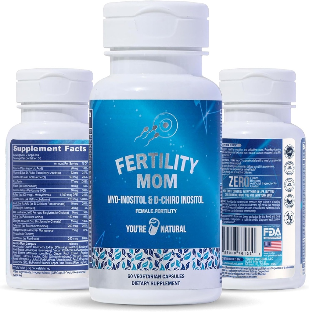 YOU'RE NATURAL Conception Fertility Vitamins for Women - Prenatal Vitamins - Myo-Inositol, D-Chiro Inositol & Folate, Regulates Cycle, Aid Ovulation, Hormonal & Ovarian Support, Vitex, 30 Day Supply