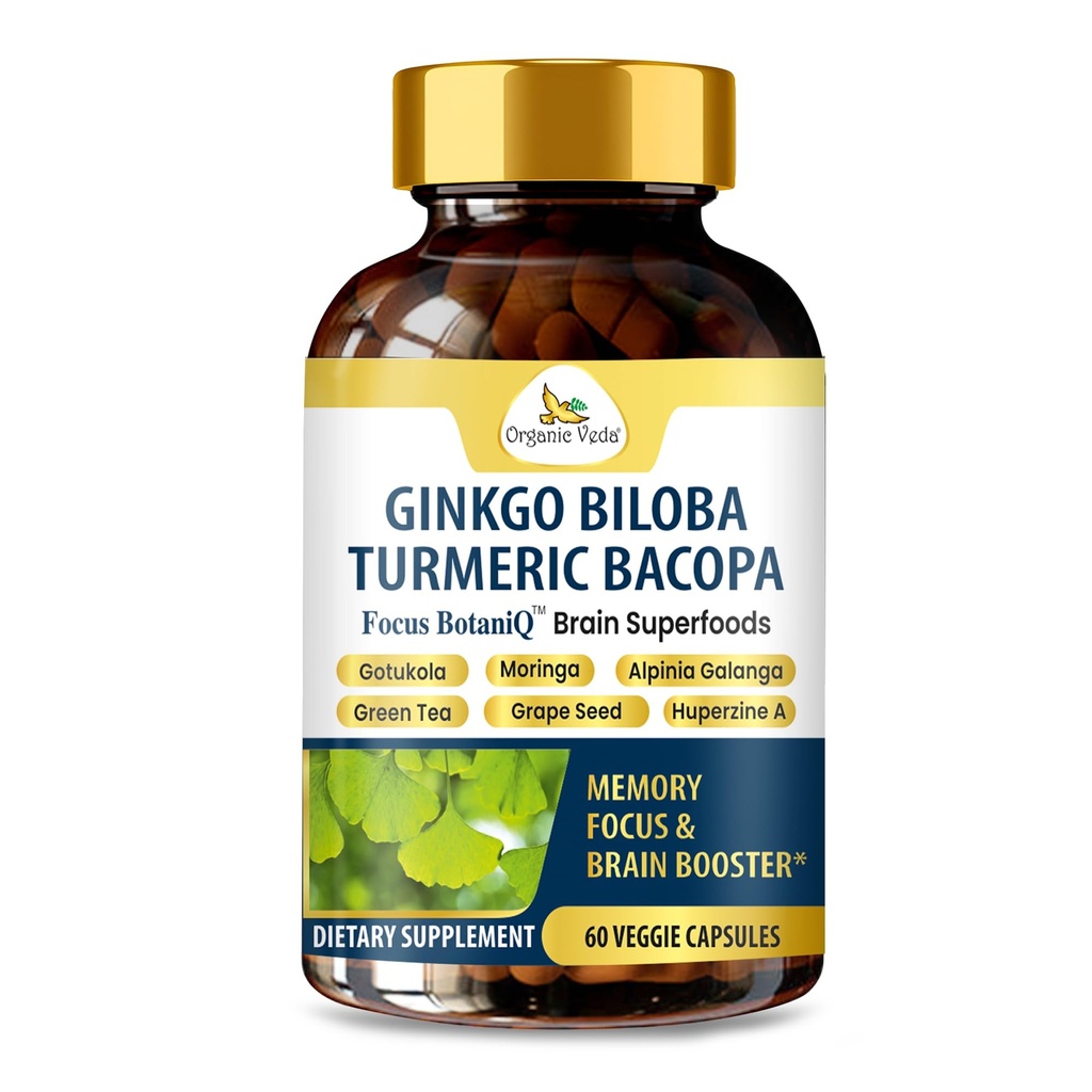 Veda orgánica Ginkgo Biloba Turmeric Bacopa Brain Supplement for Memory, Mood & Focus with Ashwagandha - Concentration, Energy & Brain Booster, Healthy Joints & Circulation Support - 60 Vegan Capsule