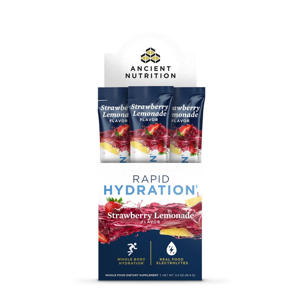 Powder de hidratación rápida de nutrición antigua, limonada de fresa, electrolitos de sal marina natural y algas marinas rojas, soporta la hidratación corporal rápida y la salud celular, 15 servicios