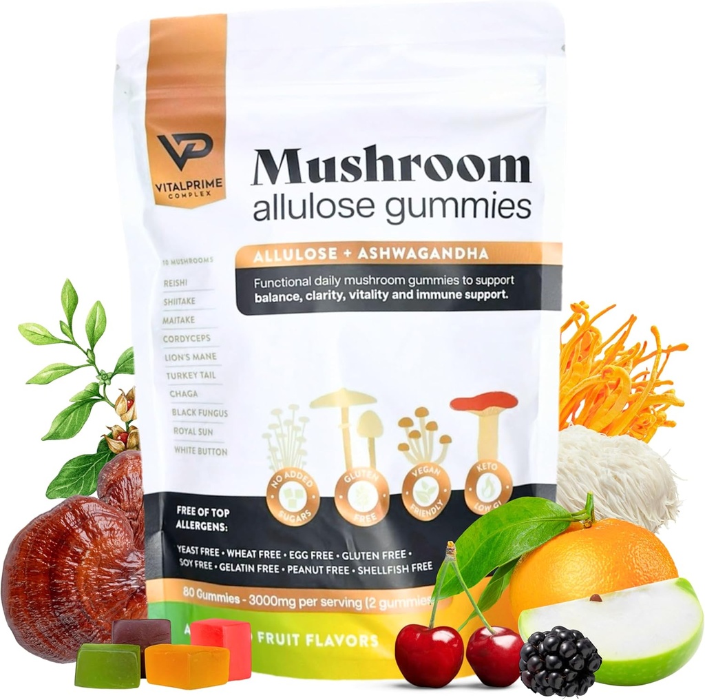 Azúcar-Free Ashwagandha &amp; Mushroom Gummies Suplemento TEN 10 Mushrooms funcionales por servir TEN Immune Support, Focus, Energy TEN Vegan, Keto, Low Carb, Allulose Sweetener TEN 80 Gummies, Natural Flavors