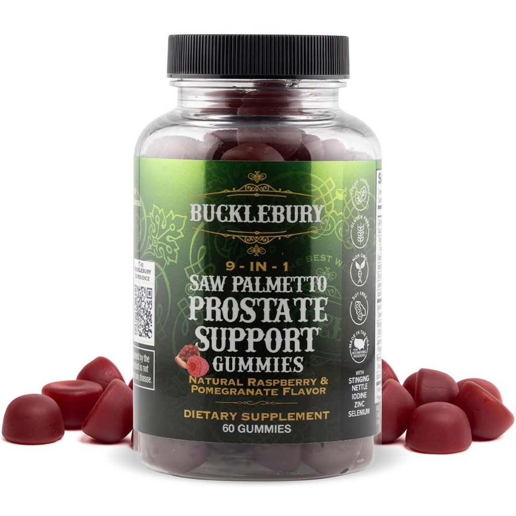 BUCKLEBURY 9-in-1 Natural Saw Palmetto Gummies with Raspberry & Pomegranate Flavor - Plant-Based Prostate Support Suplementos para Mens Bladder Health, Hair Growth & Urinary Support - 60 Gummies