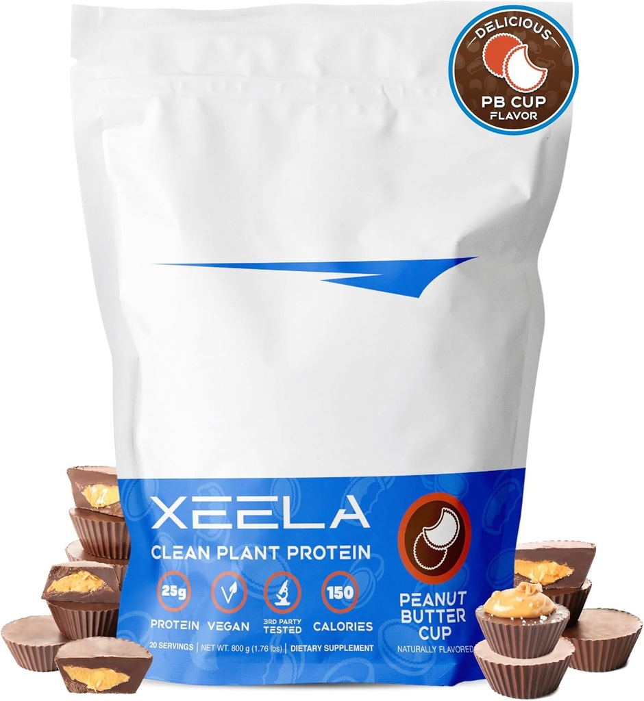 XEELA Planta base de pólvora de proteína vegana - Proteína de 25g de alta Proteína, Pea Proteína para hombres y mujeres - Vitaminas " Minerales, No GMO, Dairy " Gluten Free, LowCarb " LowFat (Peanut Butter Cup)