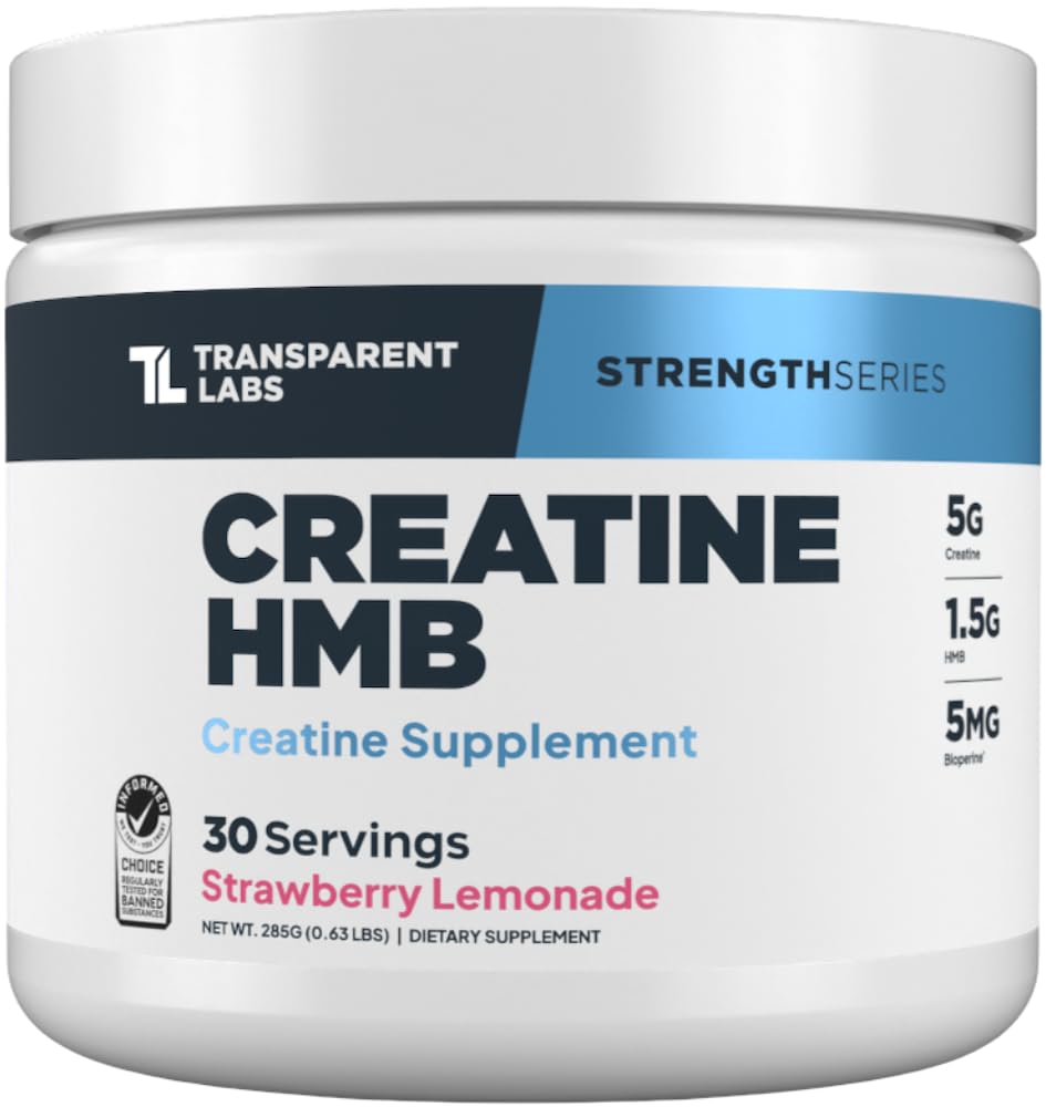 Laboratorios transparentes Creatina HMB - Polvo de Monohidratos de Creatina con HMB para el crecimiento muscular, aumento de fuerza, potencia de energía mejorada y mejor rendimiento atlético - 30 Servimientos, limonada de fresa