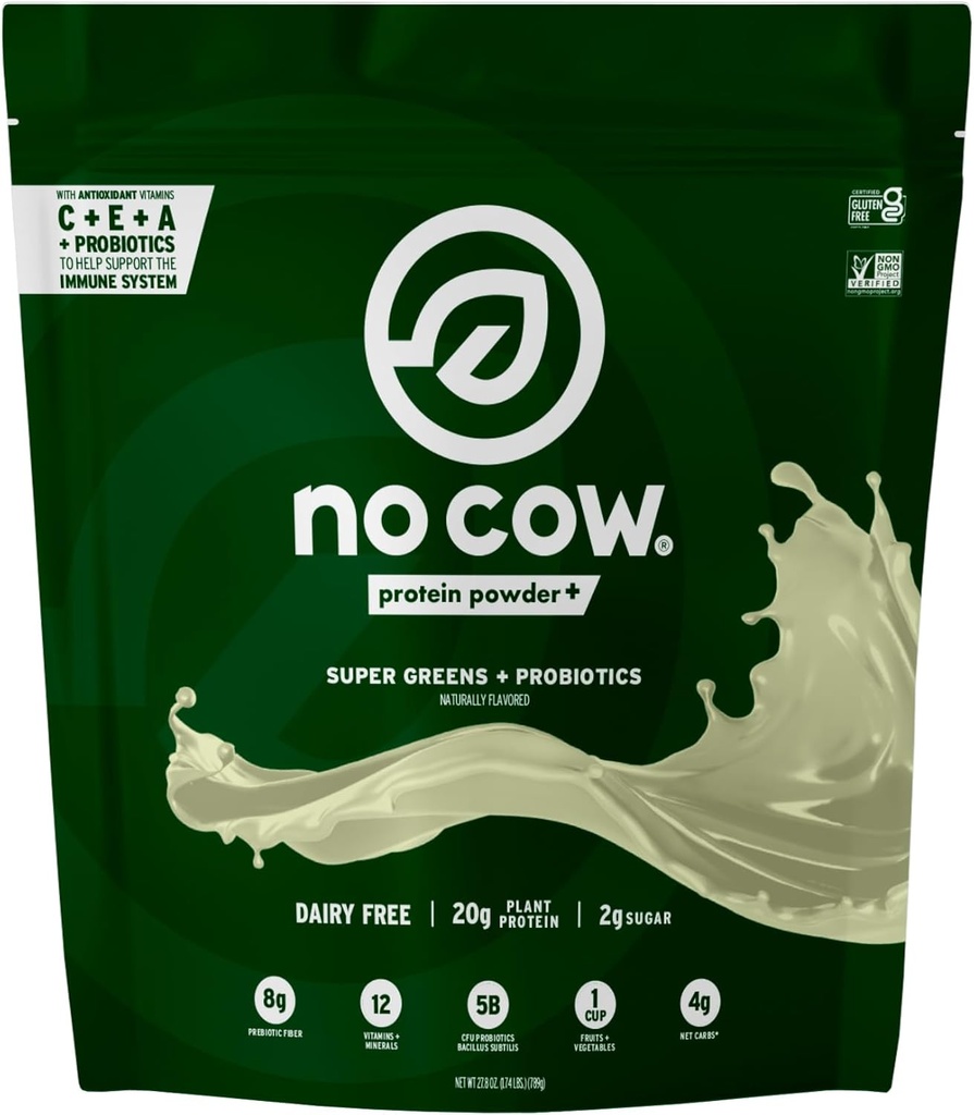 Sin vaca de proteína de base vegetal Powder Plus, 20g Proteína con 9 ácidos esenciales " Super verdes " , 5 millones de probióticos de CFU Bacillus Subtilis para la digestión saludable, desayuno perfecto Inicio