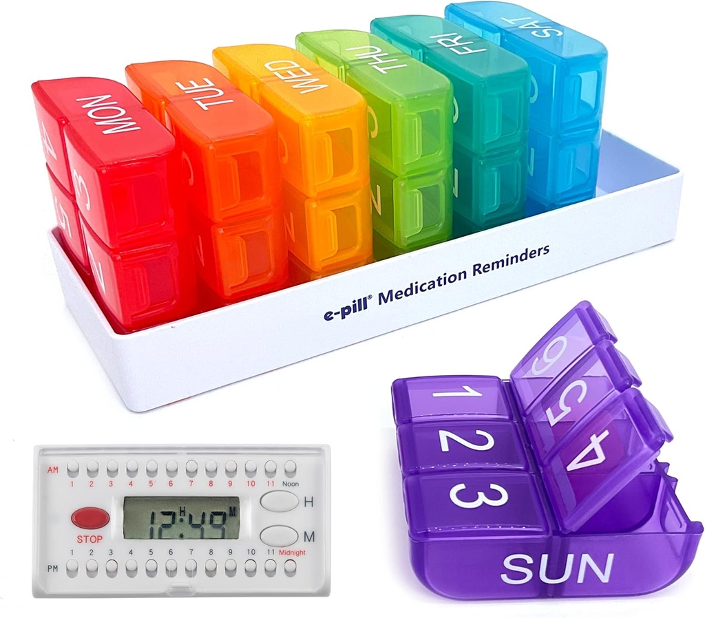 e-Pill 6 veces al día x 7 días organizador semanal de píldoras, vitamina y medicina Recordatorio de píldoras - con 6 temporizador de alarma (White)