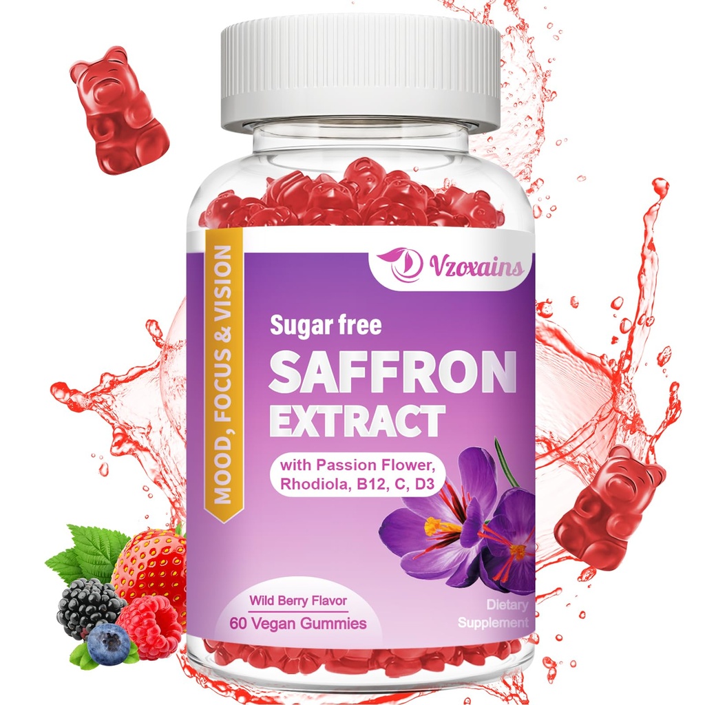 Saffron Gummies, 10 en 1 Saffron Suplementos Gummies con Magnesio, Ashwagandha & Rhodiola Rosea, Sugar Free Vegan Mixed Berry Flavor - 60Cts