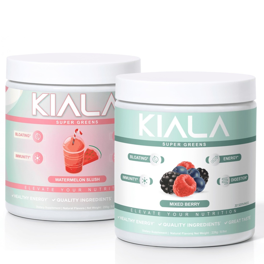 Kiala Nutrition Super Greens, Organic Greens Powder, Spirulina & Chlorella Superfood Powder, Sugar & Gluten Free Vegan, Spectra Blend, Watermelon & Mixed Berry 2 Pack