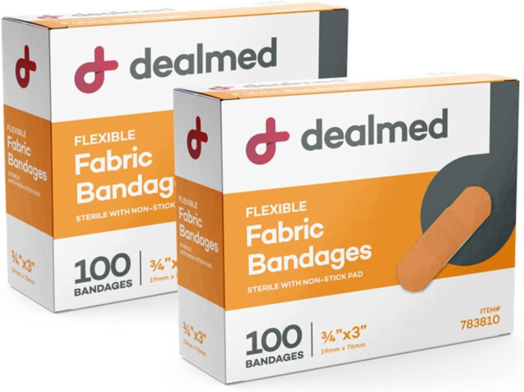 Dealmed Fabric Flexible Adhesive Bandages – 100 Count (2 Pack) Bandages with Non-Stick Pad, Latex Free, Wound Care for First Aid Kit, 3" x 3/4"