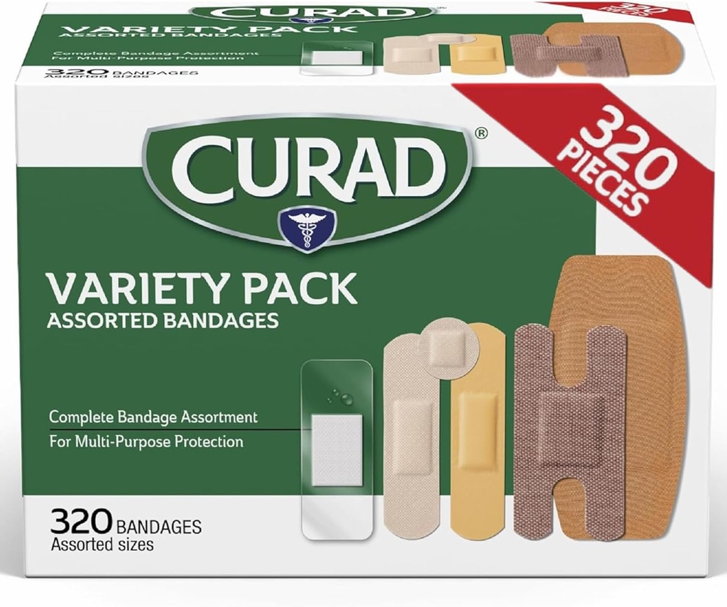 CURAD Assorted Bandages Bulk Variety Pack 320 Count 5 Styles Including Waterproof, Sheer, Plastic, Heavy Duty & Flex-Fabric First Aid Kit Essentials Protects Scrapes, Cuts & Burns