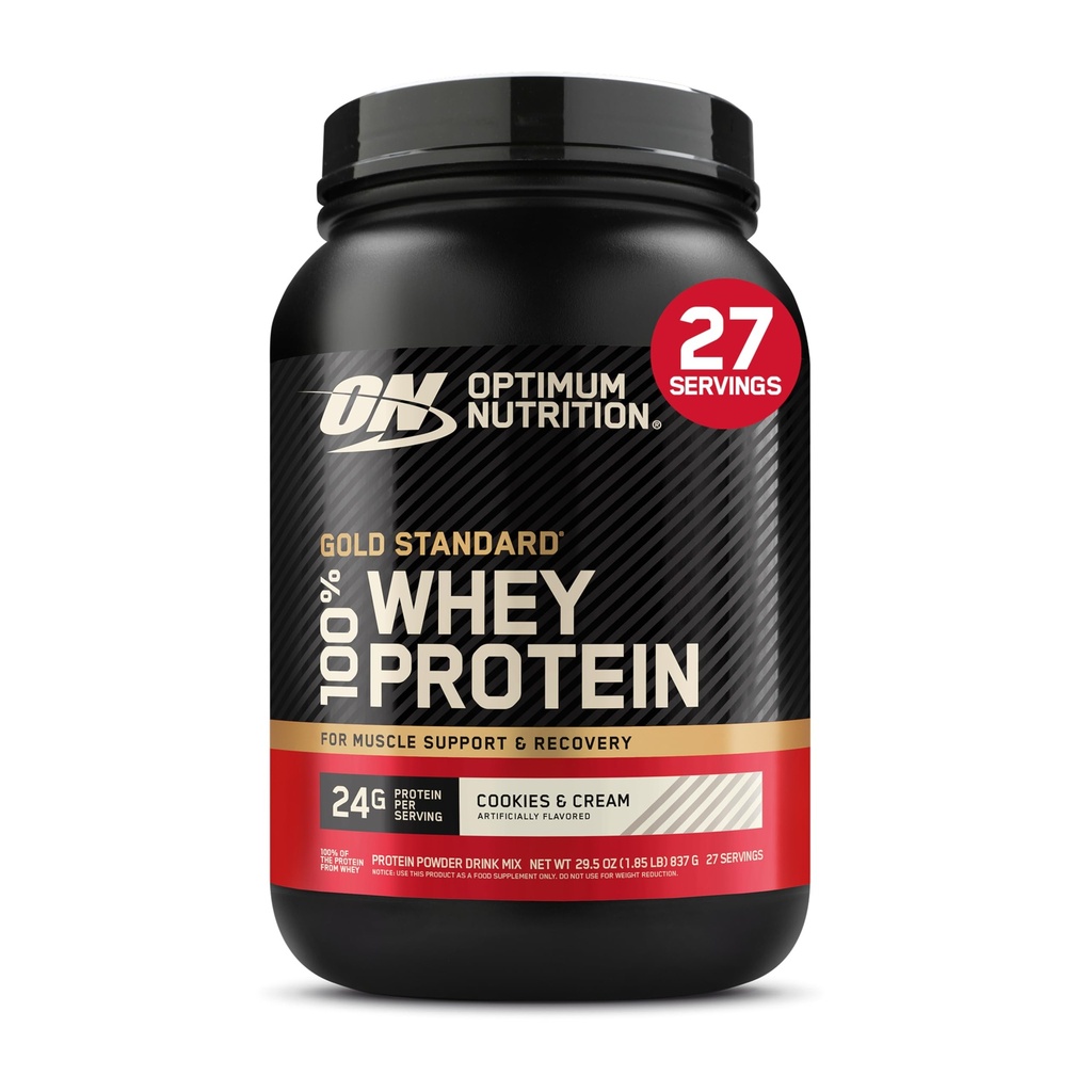 Optimum Nutrition Gold Standard 100% Whey Protein Powder, Cookies &amp; Crema, 2 libras (paquete mayo Vary)