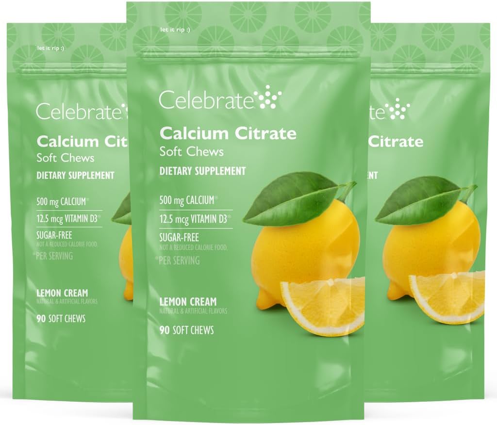 Celebrate Vitamins Bariatric 500mg Calcium Citrate Soft Chews with 500 IU Vitamin D3 – Essential for Gastric Bypass Patients & Bone Health - Sugar & Gluten Free, Lemon (270 Chews)