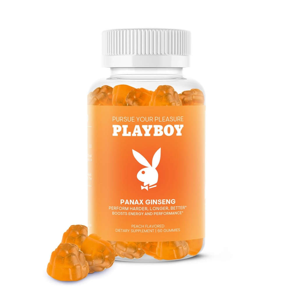 Playboy – Ginseng Gummies (60 Count - Peach Flavored) - Perform Harder, Longer, Better - Panax Ginseng Supplement Gummy for Men and Women - 100% Natural, Vegan Non GMO Ginseng Root 6:1 Extract