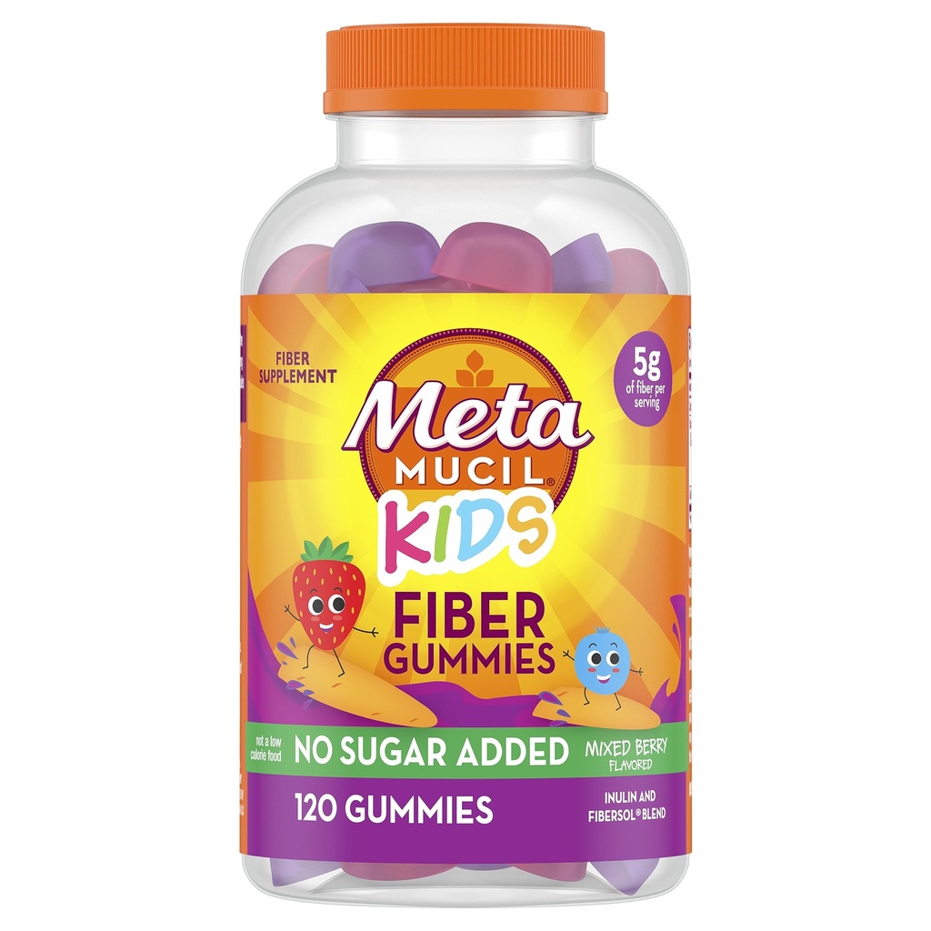 Metamucil Kids Fiber Gummies, No Sugar Added, 5g Prebiotic Plant-Based Fiber Supplement Blend, Mixed Berry Flavored, 120ct Gummies